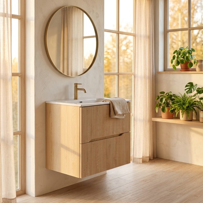 Badezimmer-Set NATURA 60cm: Waschtischunterschrank in hell gerilltem Holzdesign vertikal + eingelassenes Waschbecken