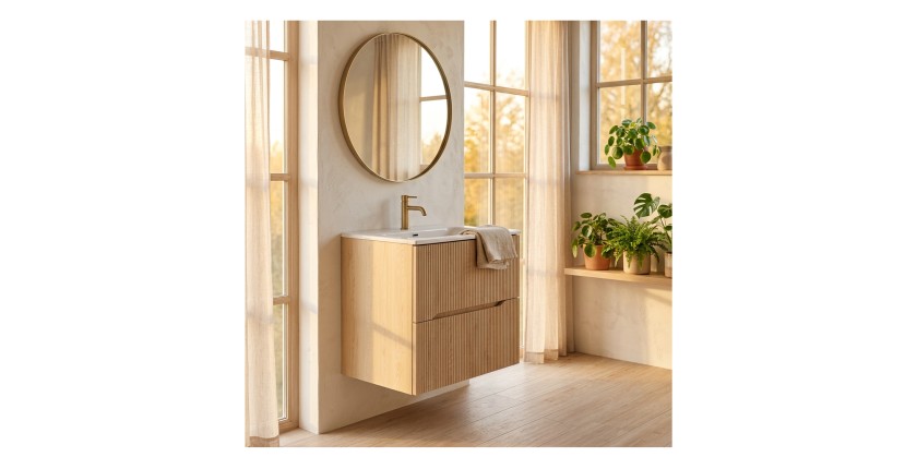 Ensemble de salle de bain NATURA 60cm : meuble sous vasque aspect bois clair rainuré verticalement + vasque encastrée