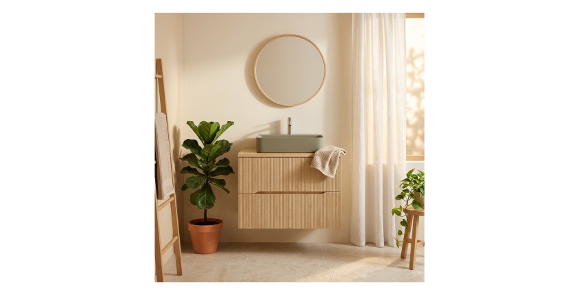 Ensemble NATURA 80cm : meuble sous vasque, plan pour vasque et vasque à poser verte kaki mis en situation