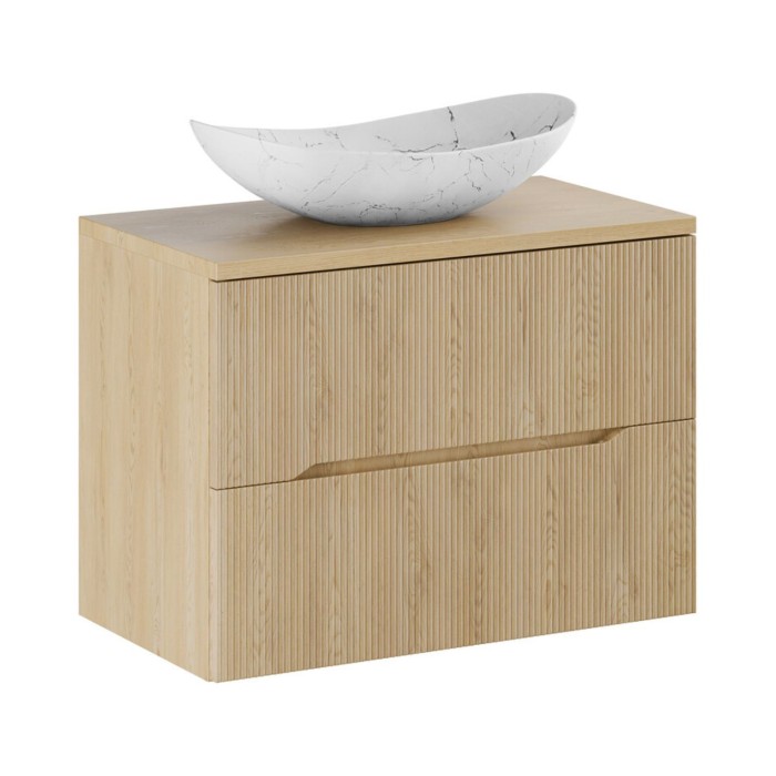 Badezimmer-Set NATURA 80cm: Unterschrank + Platte für Aufsatzwaschbecken + asymmetrisches Aufsatzwaschbecken in marmoriertem Wei