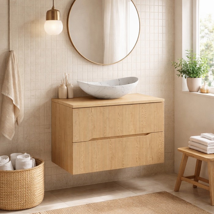 Badezimmer-Set NATURA 80cm: Unterschrank + Platte für Aufsatzwaschbecken + asymmetrisches Aufsatzwaschbecken in marmoriertem Wei