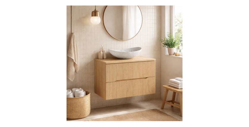 Ensemble NATURA 80cm : meuble sous vasque, plan pour vasque et vasque à poser blanche marbrée mis en situation