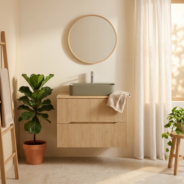Ensemble NATURA 80cm : meuble sous vasque et plan pour vasque mis en situation