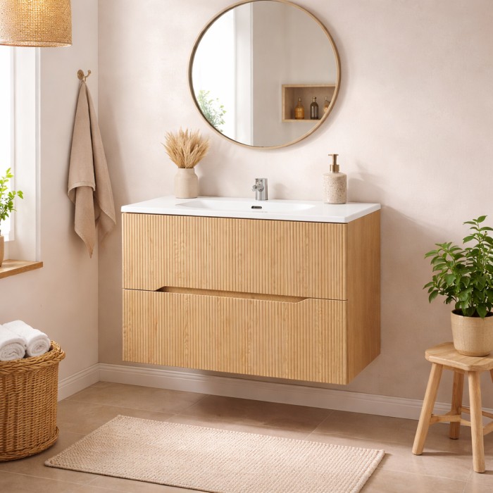 Badezimmer-Set NATURA 80cm: Unterschrank in heller Holzoptik mit vertikalen Rillen + eingelassenes Waschbecken