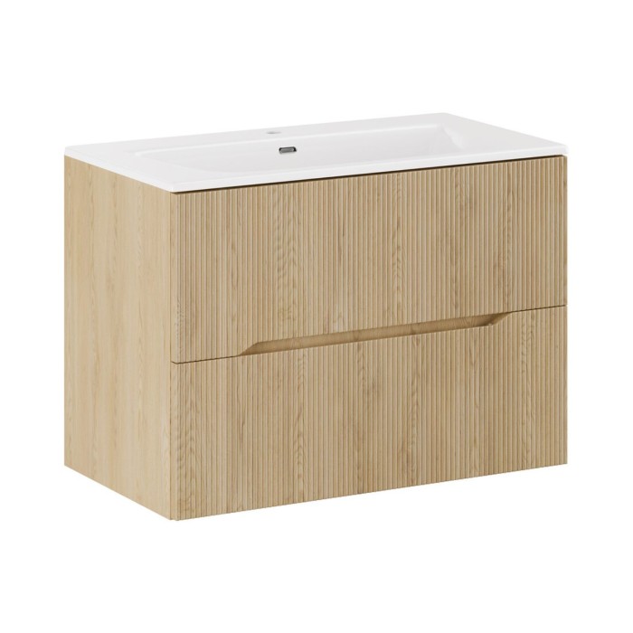 Badezimmer-Set NATURA 80cm: Unterschrank in heller Holzoptik mit vertikalen Rillen + eingelassenes Waschbecken
