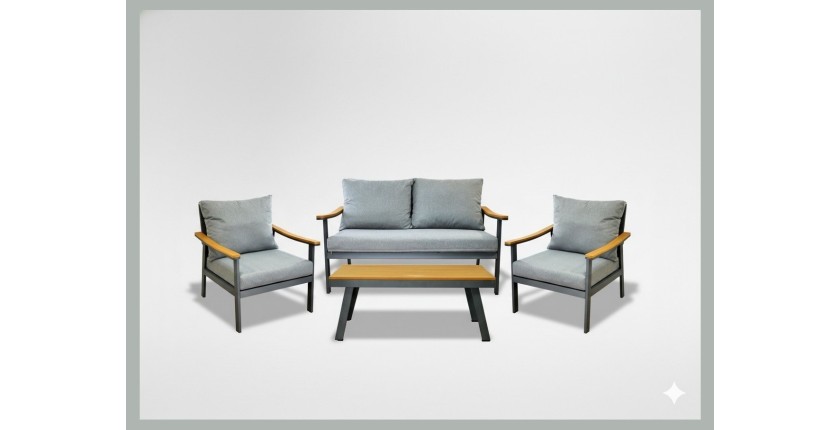 Salon de jardin NOREVA 4 places aluminium noir et polywood avec coussins gris et table basse