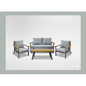 Salon de jardin NOREVA 4 places aluminium noir et polywood avec coussins gris et table basse