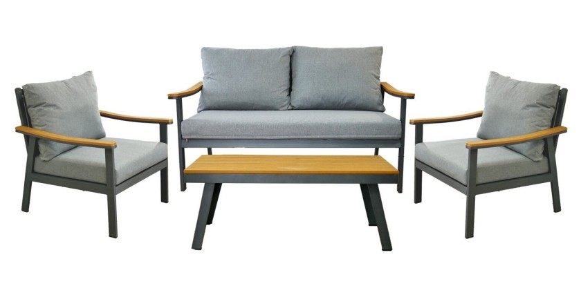 Salon de jardin NOREVA 4 places aluminium noir et polywood avec coussins gris et table basse