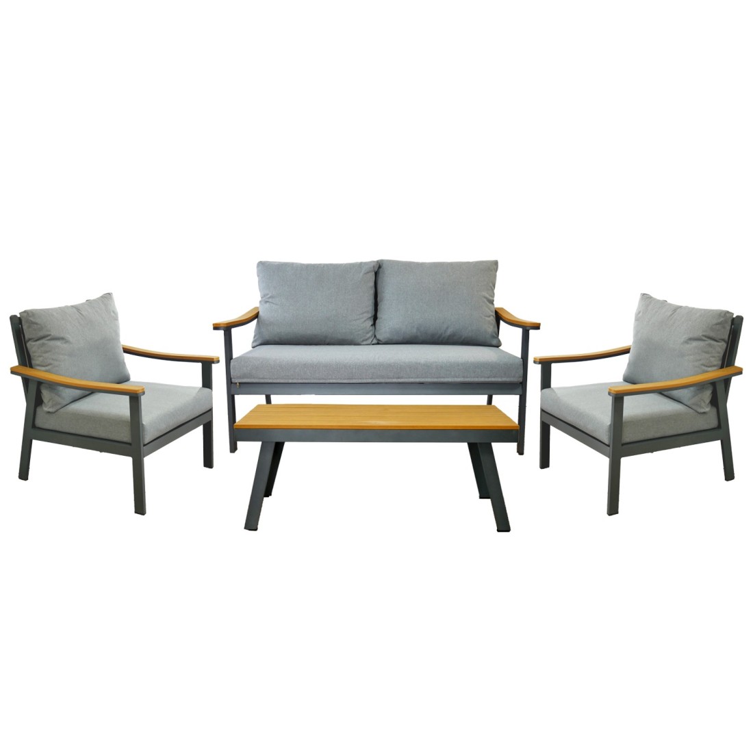 Salon de jardin NOREVA 4 places aluminium noir et polywood avec coussins gris et table basse