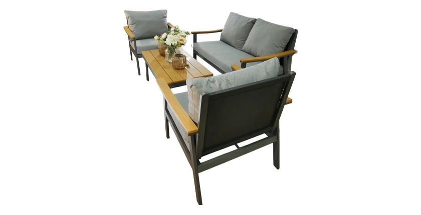 Salon de jardin NOREVA 4 places aluminium noir et polywood avec coussins gris et table basse