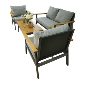 Salon de jardin NOREVA 4 places aluminium noir et polywood avec coussins gris et table basse