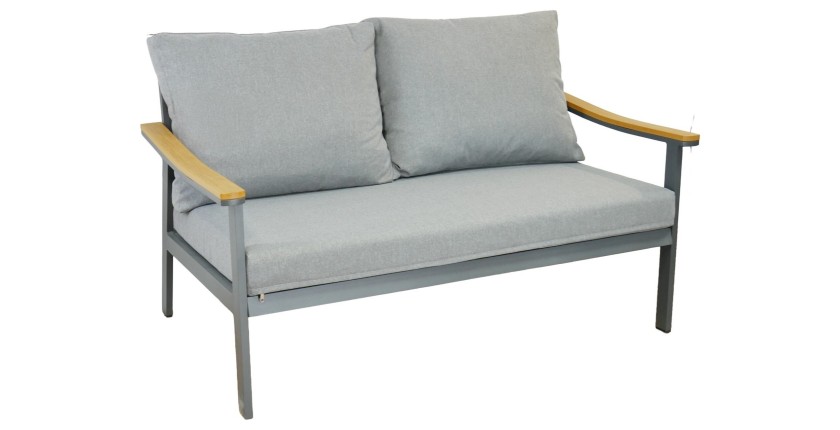 Salon de jardin NOREVA 4 places aluminium noir et polywood avec coussins gris et table basse