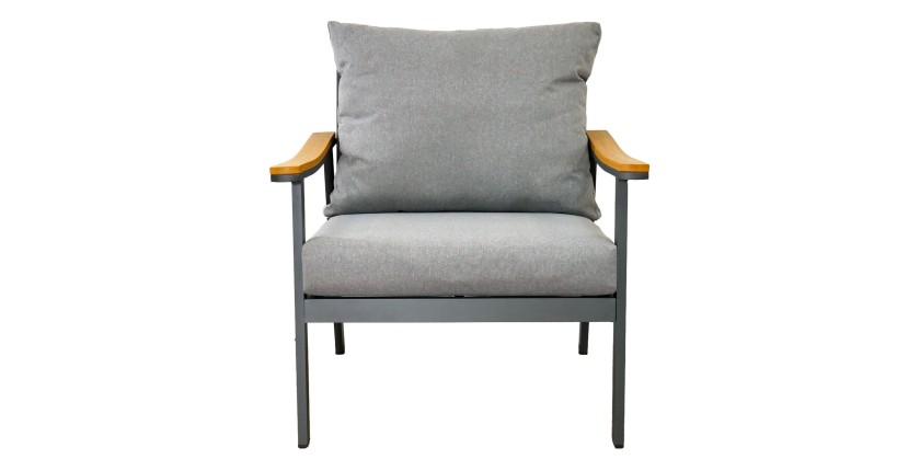 Salon de jardin NOREVA 4 places aluminium noir et polywood avec coussins gris et table basse