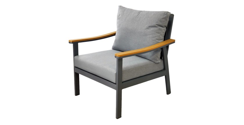 Salon de jardin NOREVA 4 places aluminium noir et polywood avec coussins gris et table basse