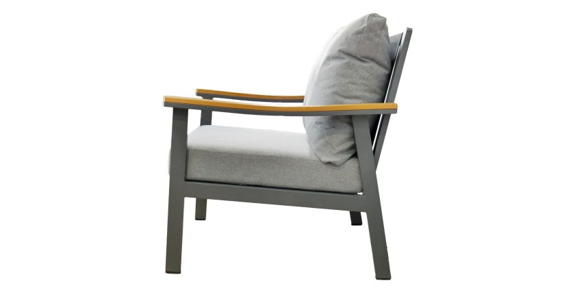 Salon de jardin NOREVA 4 places aluminium noir et polywood avec coussins gris et table basse