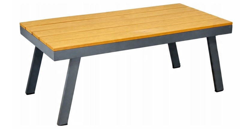 Salon de jardin NOREVA 4 places aluminium noir et polywood avec coussins gris et table basse