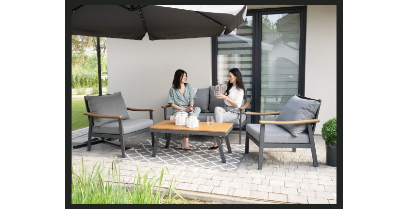 Salon de jardin NOREVA 4 places aluminium noir et polywood avec coussins gris et table basse