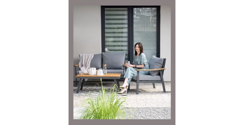 Salon de jardin NOREVA 4 places aluminium noir et polywood avec coussins gris et table basse
