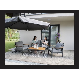 Salon de jardin NOREVA 4 places aluminium noir et polywood avec coussins gris et table basse