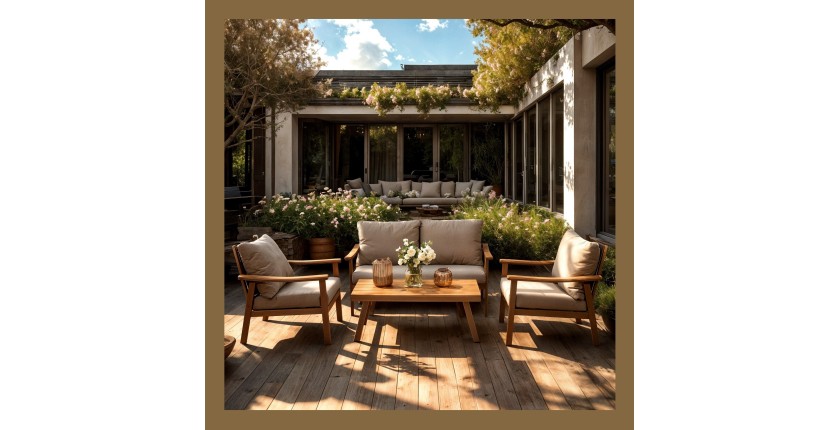 Salon de jardin NOREVA 4 places aluminium noir et polywood avec coussins gris et table basse