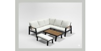 Salon de jardin d'angle CALVARO 4 places en aluminium noir avec coussins beige, banquette et table basse effet bois