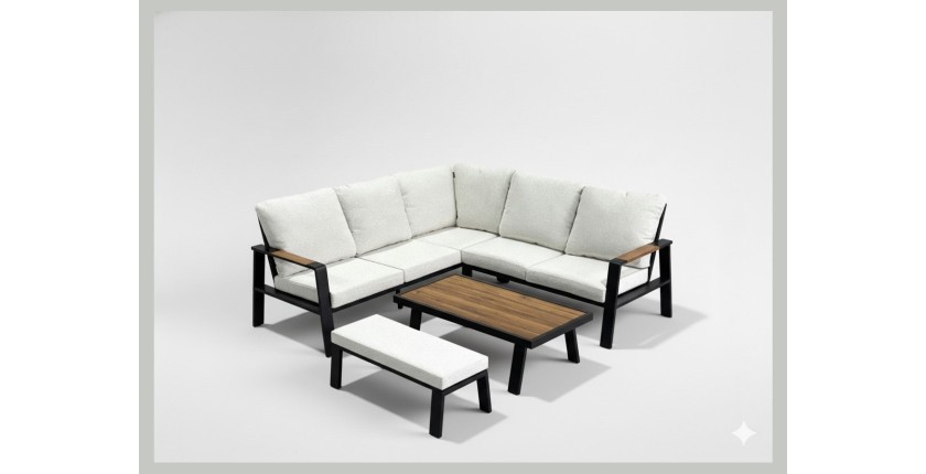 Salon de jardin d'angle CALVARO 4 places en aluminium noir avec coussins beige, banquette et table basse effet bois