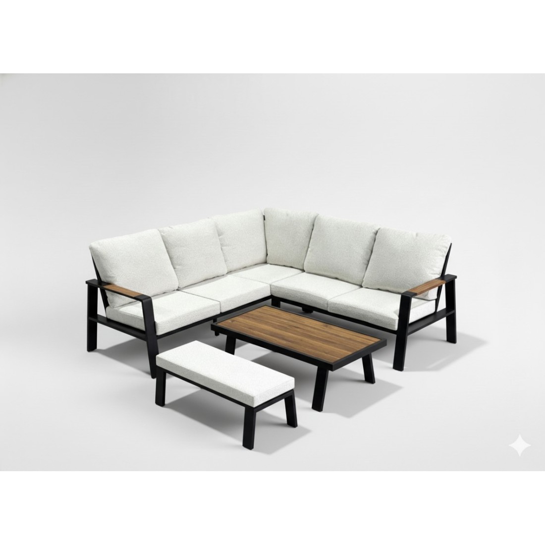 Salon de jardin d'angle CALVARO 4 places en aluminium noir avec coussins beige, banquette et table basse effet bois