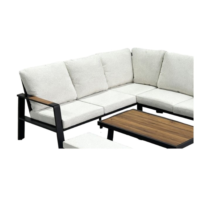 Salon de jardin d'angle CALVARO 4 places en aluminium noir avec coussins beige, banquette et table basse effet bois