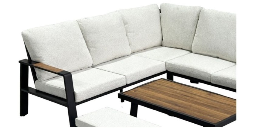 Salon de jardin d'angle CALVARO 4 places en aluminium noir avec coussins beige, banquette et table basse effet bois