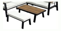 Salon de jardin d'angle CALVARO 4 places en aluminium noir avec coussins beige, banquette et table basse effet bois