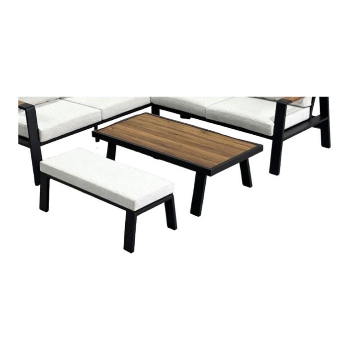 Salon de jardin d'angle CALVARO 4 places en aluminium noir avec coussins beige, banquette et table basse effet bois