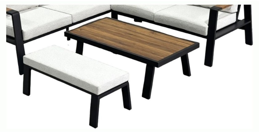 Salon de jardin d'angle CALVARO 4 places en aluminium noir avec coussins beige, banquette et table basse effet bois