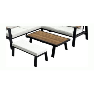 Salon de jardin d'angle CALVARO 4 places en aluminium noir avec coussins beige, banquette et table basse effet bois