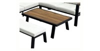 Salon de jardin d'angle CALVARO 4 places en aluminium noir avec coussins beige, banquette et table basse effet bois