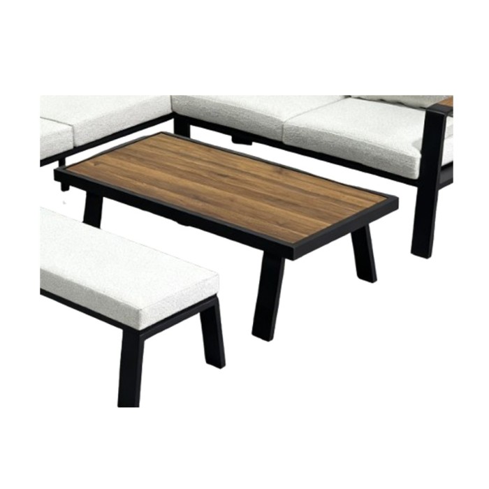 Salon de jardin d'angle CALVARO 4 places en aluminium noir avec coussins beige, banquette et table basse effet bois