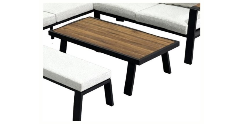 Salon de jardin d'angle CALVARO 4 places en aluminium noir avec coussins beige, banquette et table basse effet bois