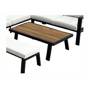 Salon de jardin d'angle CALVARO 4 places en aluminium noir avec coussins beige, banquette et table basse effet bois