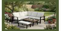 Salon de jardin d'angle CALVARO 4 places en aluminium noir avec coussins beige, banquette et table basse effet bois
