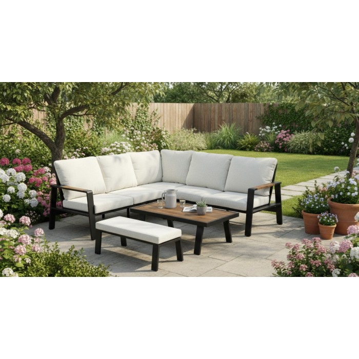 Salon de jardin d'angle CALVARO 4 places en aluminium noir avec coussins beige, banquette et table basse effet bois