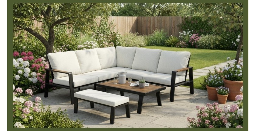 Salon de jardin d'angle CALVARO 4 places en aluminium noir avec coussins beige, banquette et table basse effet bois