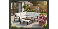 Salon de jardin d'angle CALVARO 4 places en aluminium noir avec coussins beige, banquette et table basse effet bois