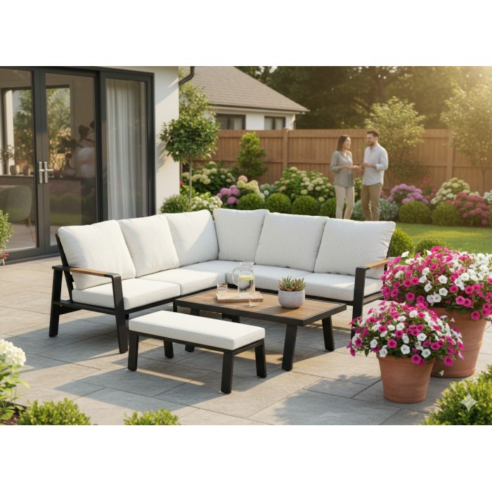 Salon de jardin d'angle CALVARO 4 places en aluminium noir avec coussins beige, banquette et table basse effet bois