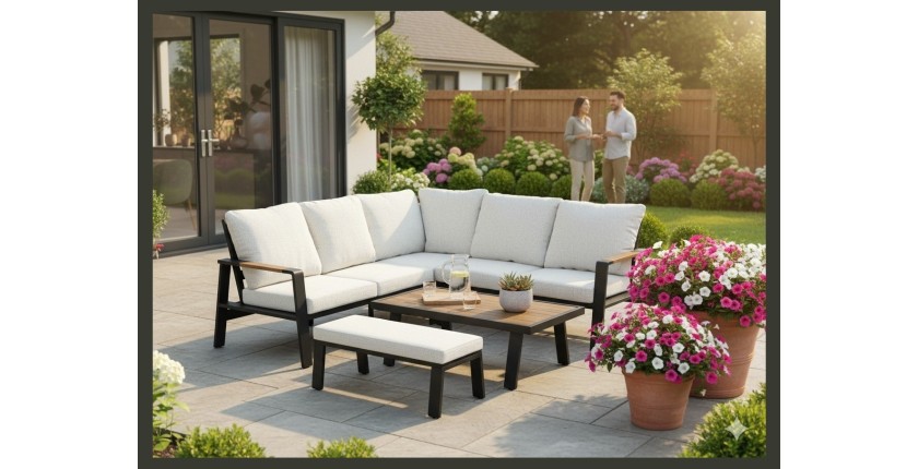 Salon de jardin d'angle CALVARO 4 places en aluminium noir avec coussins beige, banquette et table basse effet bois