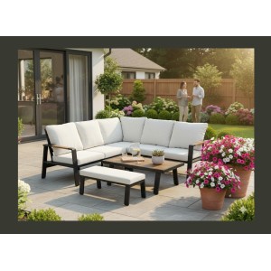 Salon de jardin d'angle CALVARO 4 places en aluminium noir avec coussins beige, banquette et table basse effet bois
