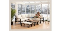 Salon de jardin d'angle CALVARO 4 places en aluminium noir avec coussins beige, banquette et table basse effet bois