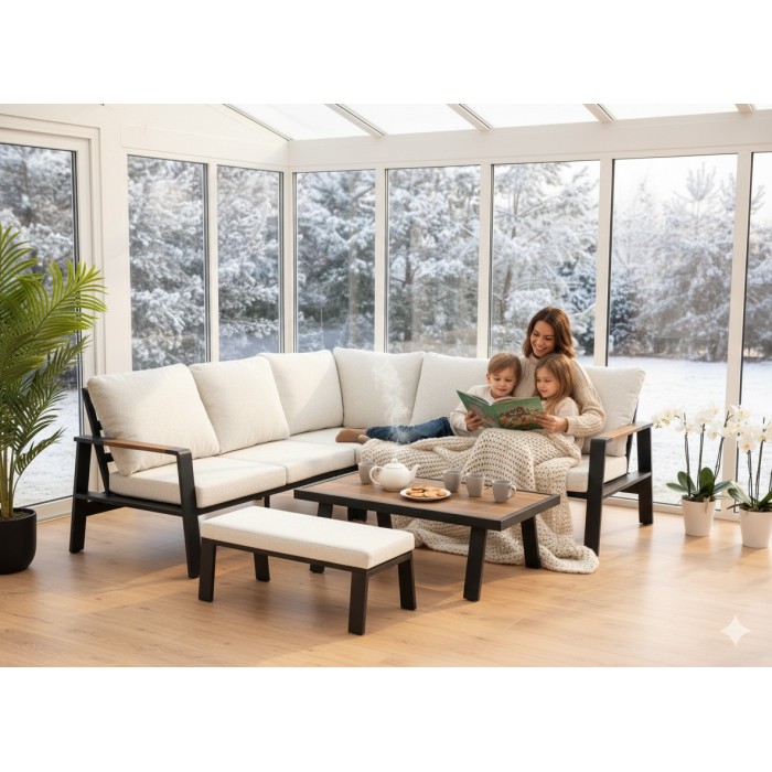 Salon de jardin d'angle CALVARO 4 places en aluminium noir avec coussins beige, banquette et table basse effet bois