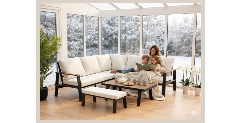 Salon de jardin d'angle CALVARO 4 places en aluminium noir avec coussins beige, banquette et table basse effet bois