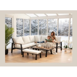 Salon de jardin d'angle CALVARO 4 places en aluminium noir avec coussins beige, banquette et table basse effet bois