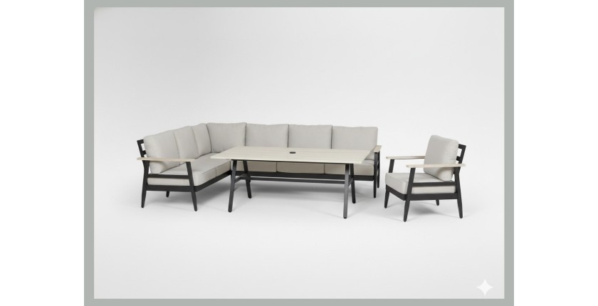 Salon de jardin d'angle ALTARA 6 places en aluminium noir avec table repas et coussins beige