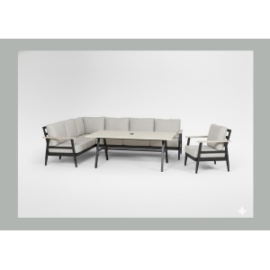 Salon de jardin d'angle ALTARA 6 places en aluminium noir avec table repas et coussins beige